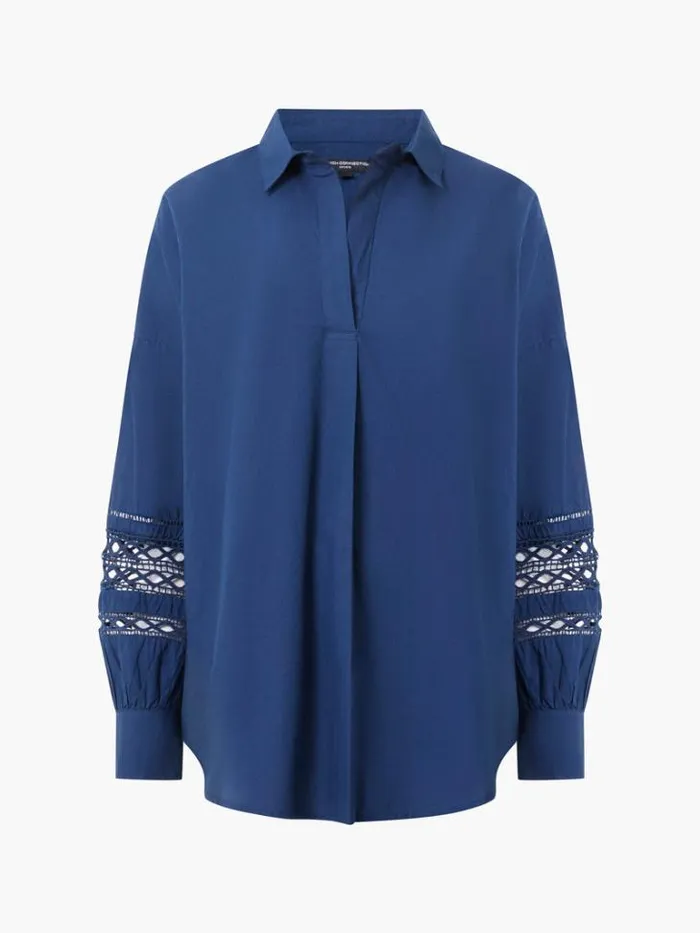 Woman French Connection Tops Rhodes Embroidered Long Sleeve Popover Shirt Midnight Blue