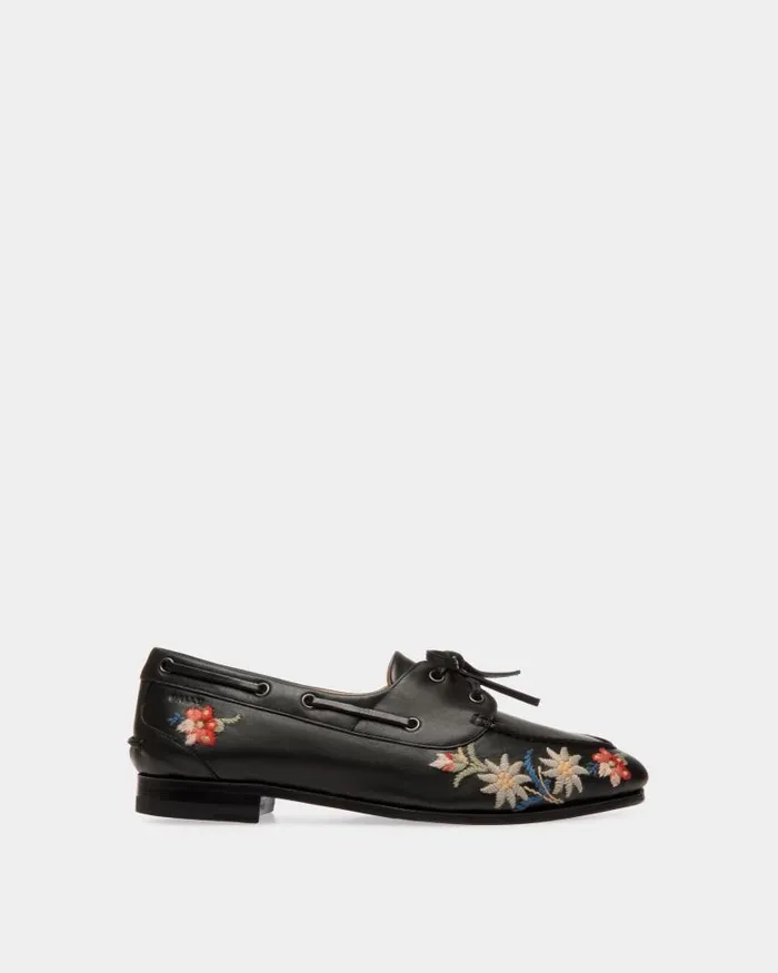 Women Bally Flats and Moccasins Winter Capsule Moccasin In Black Leather With Alpine Flowers Black