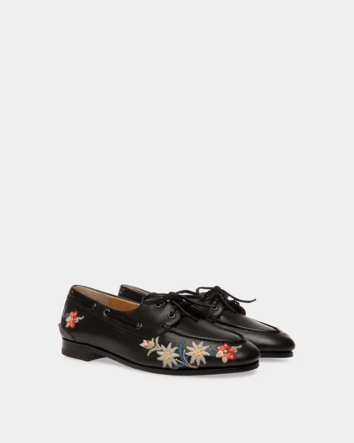 Women Bally Flats and Moccasins Winter Capsule Moccasin In Black Leather With Alpine Flowers Black Women Bally Flats and Moccasins Winter Capsule Moccasin In Black Leather With Alpine Flowers Black