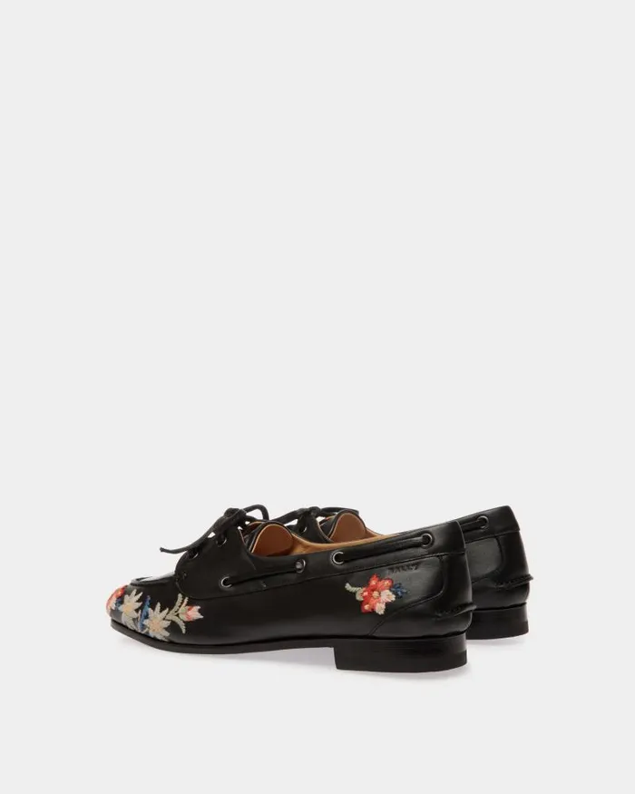 Women Bally Flats and Moccasins Winter Capsule Moccasin In Black Leather With Alpine Flowers Black Women Bally Flats and Moccasins Winter Capsule Moccasin In Black Leather With Alpine Flowers Black