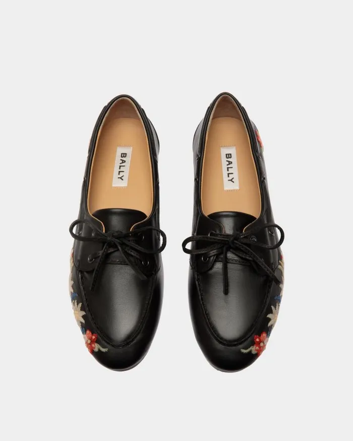 Women Bally Flats and Moccasins Winter Capsule Moccasin In Black Leather With Alpine Flowers Black Women Bally Flats and Moccasins Winter Capsule Moccasin In Black Leather With Alpine Flowers Black