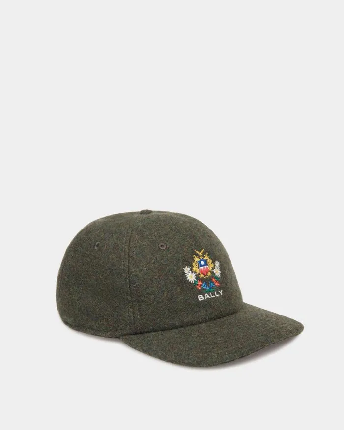 Women Bally Gloves and Hats Winter Capsule Baseball Hat With Alpine Flowers In Dark Green Wool Green