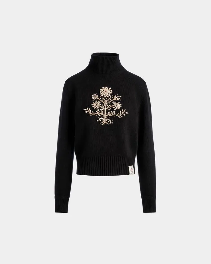 Women Bally Shirts and TShirts Winter Capsule Turtleneck Sweater With A Heritage Flower In Black Wool Black