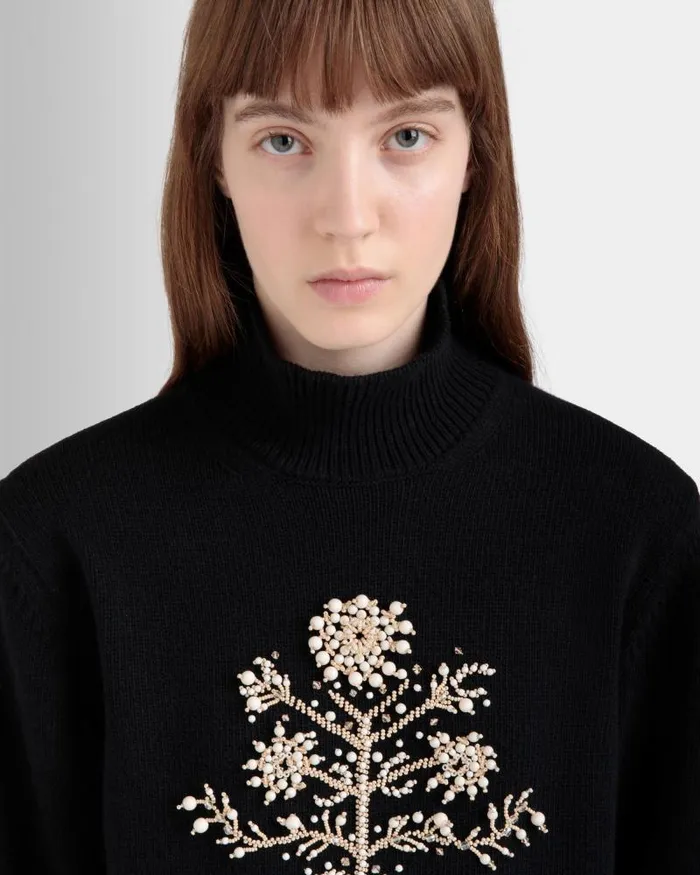 Women Bally Shirts and TShirts Winter Capsule Turtleneck Sweater With A Heritage Flower In Black Wool Black Women Bally Shirts and TShirts Winter Capsule Turtleneck Sweater With A Heritage Flower In Black Wool Black