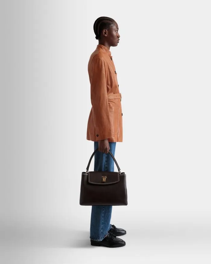 Women Bally Top Handle Bags Lock Me Top Handle Bag In Ebano Leather Brown Women Bally Top Handle Bags Lock Me Top Handle Bag In Ebano Leather Brown