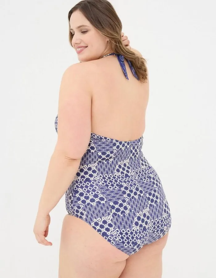 Women Beachwear and Swimwear FatFace Ari Patchwork Geo Swimsuit Blue
