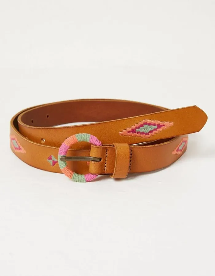 Women Belts FatFace Embroidered Jean Leather Belt Tan