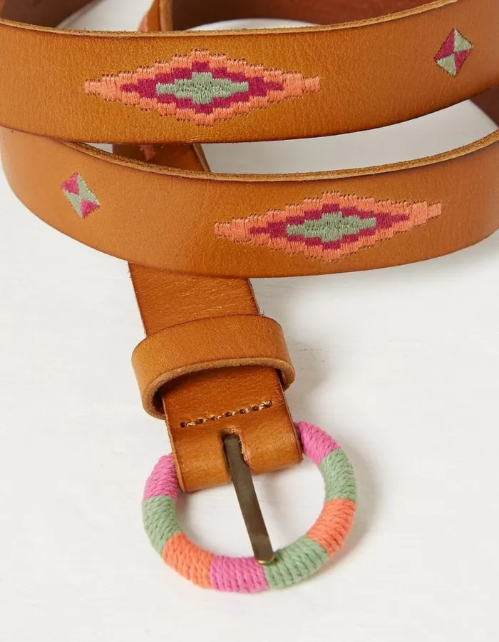Women Belts FatFace Embroidered Jean Leather Belt Tan