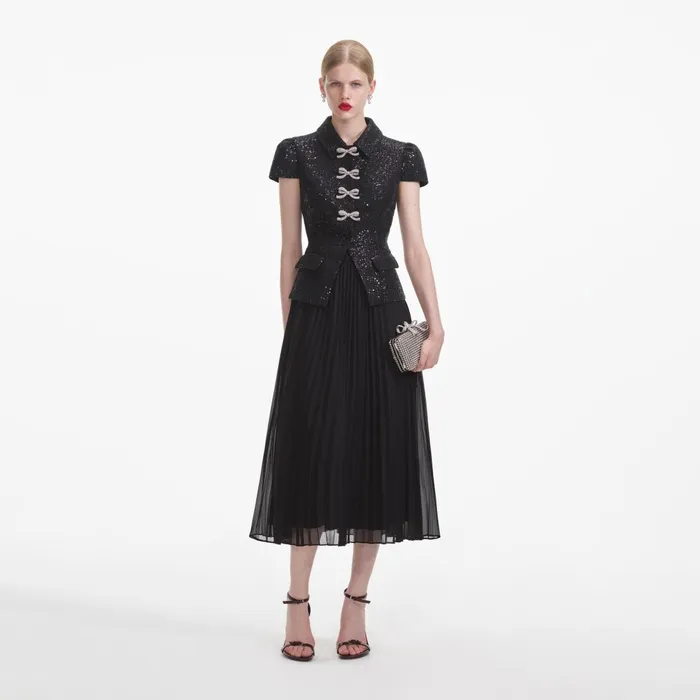 Women Black Boucle Bow Midi Dress Self Portrait Dresses