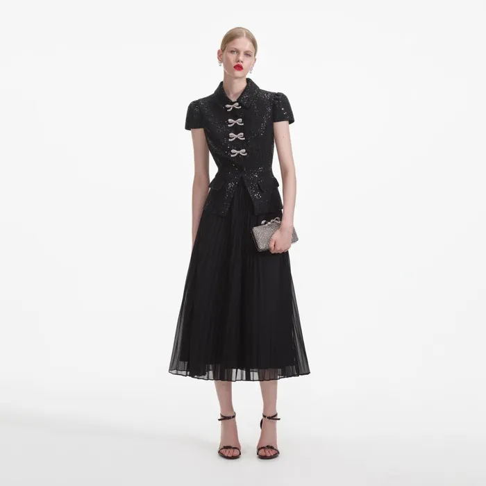 Women Black Boucle Bow Midi Dress Self Portrait Dresses