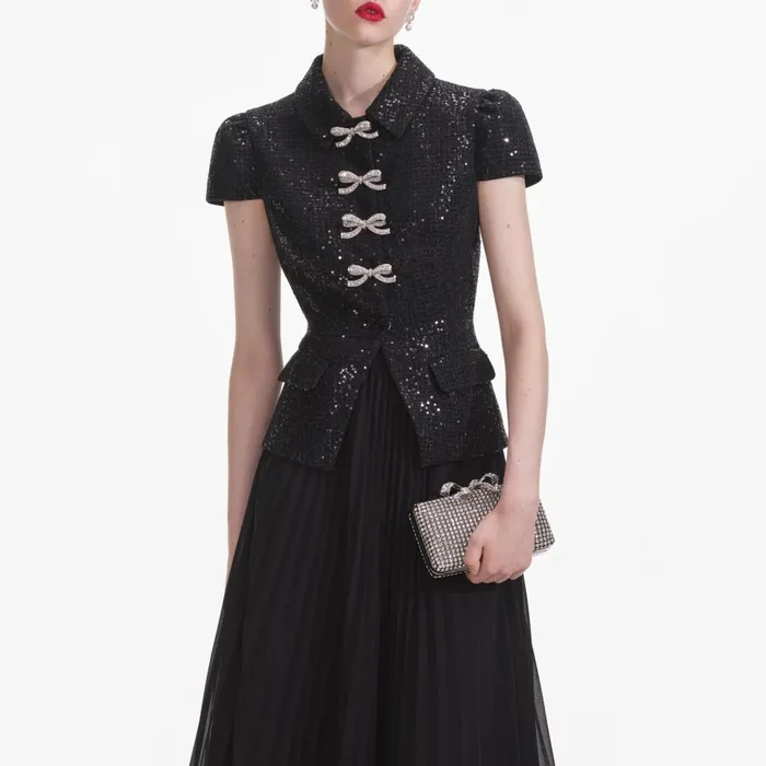 Women Black Boucle Bow Midi Dress Self Portrait Dresses