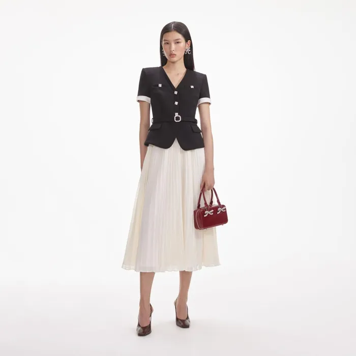 Women Black Crepe Contrast Chiffon Midi Dress Self Portrait Dresses