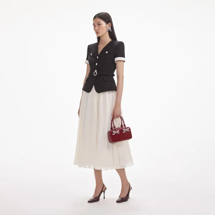 Women Black Crepe Contrast Chiffon Midi Dress Self Portrait Dresses