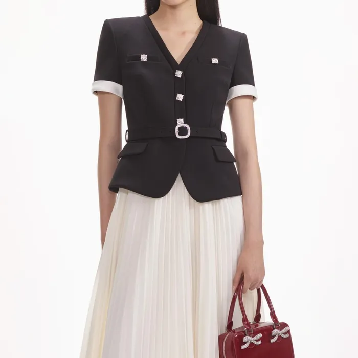 Women Black Crepe Contrast Chiffon Midi Dress Self Portrait Dresses