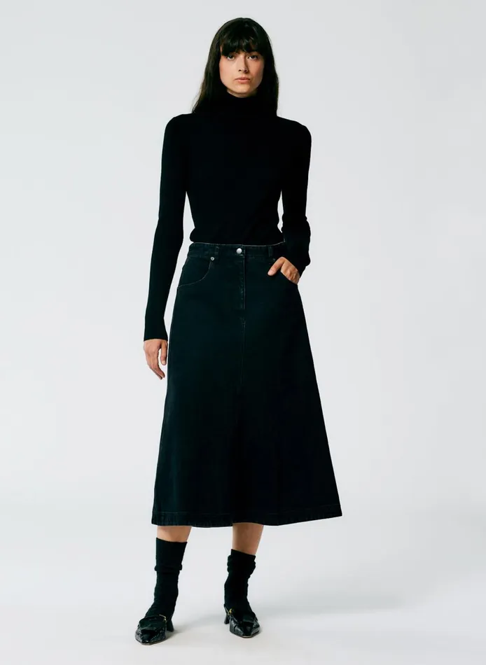 Women Black Denim Midi ALine Skirt Black Tibi Skirts