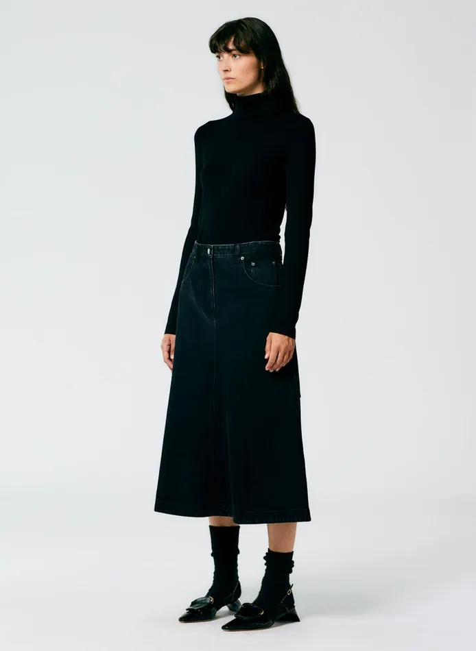 Women Black Denim Midi ALine Skirt Black Tibi Skirts