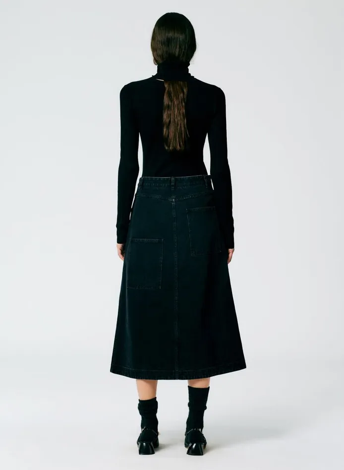 Women Black Denim Midi ALine Skirt Black Tibi Skirts