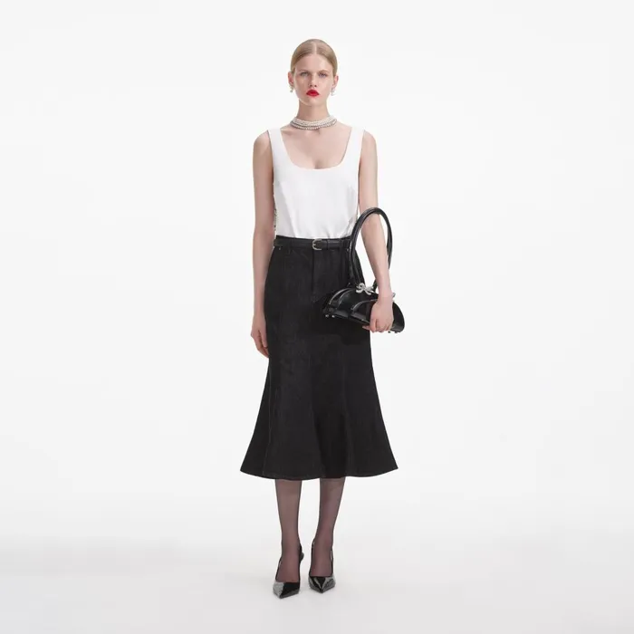 Women Black Flared Denim Midi Skirt Self Portrait Bottoms