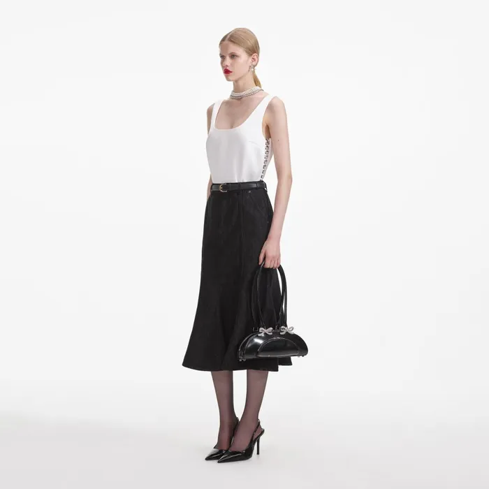 Women Black Flared Denim Midi Skirt Self Portrait Bottoms