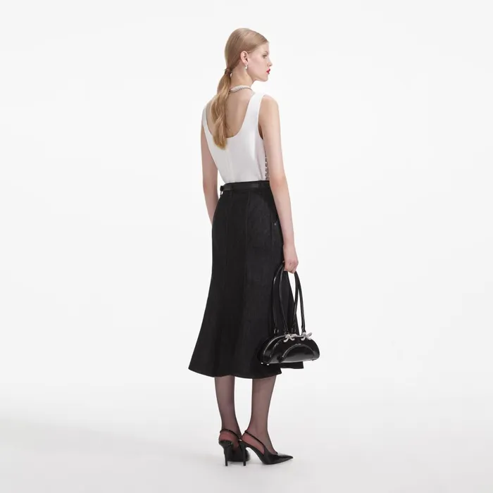 Women Black Flared Denim Midi Skirt Self Portrait Bottoms