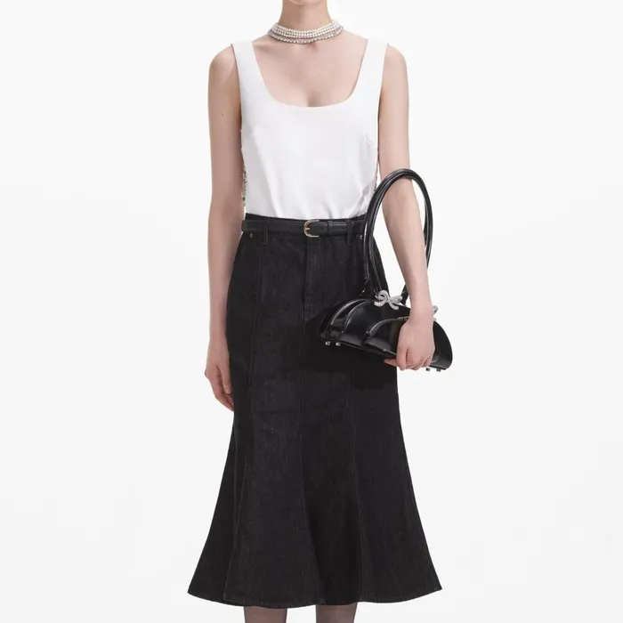 Women Black Flared Denim Midi Skirt Self Portrait Bottoms