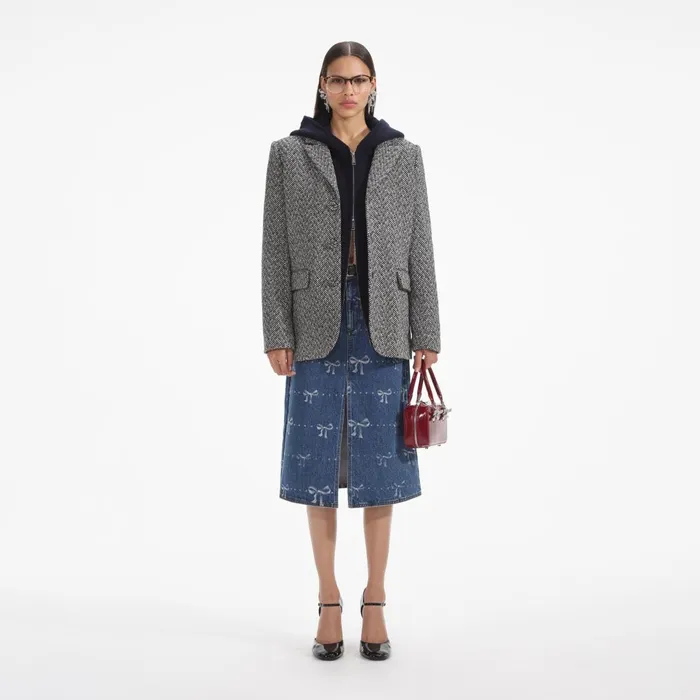 Women Black Herringbone Blazer Self Portrait Outerwear