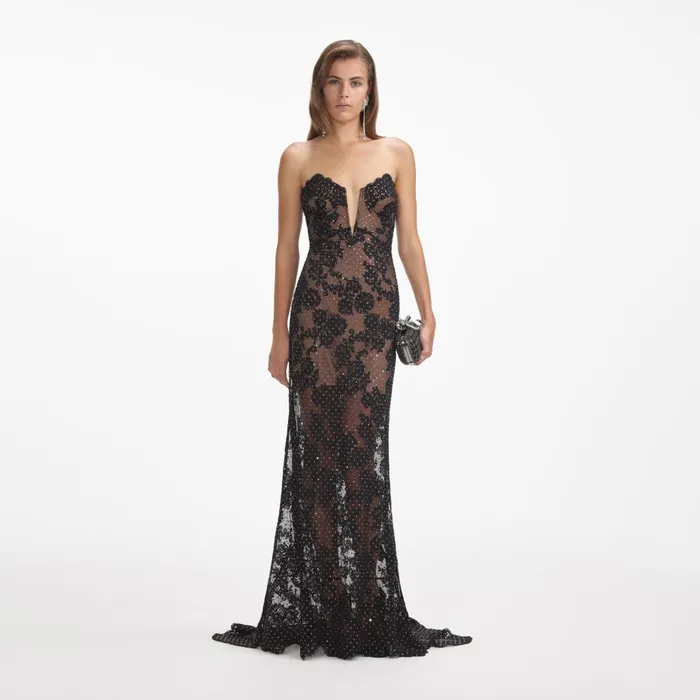 Women Black Rhinestone Lace Maxi Dress Self Portrait Dresses