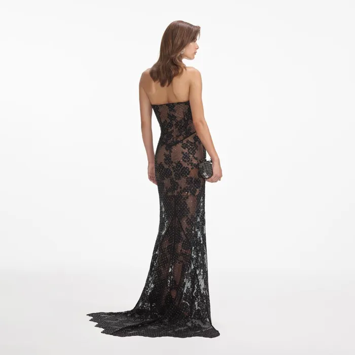 Women Black Rhinestone Lace Maxi Dress Self Portrait Dresses