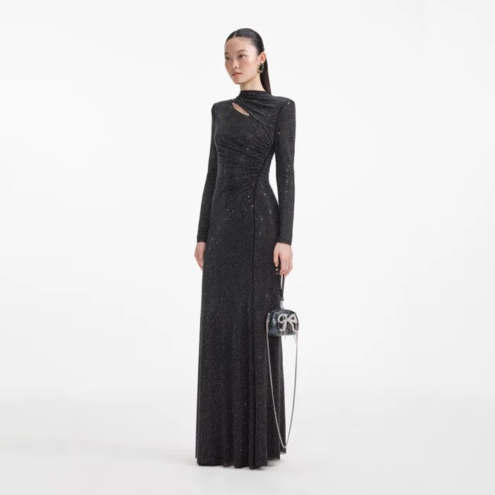 Women Black Rhinestone Mesh Cut Out Maxi Dress Self Portrait Dresses