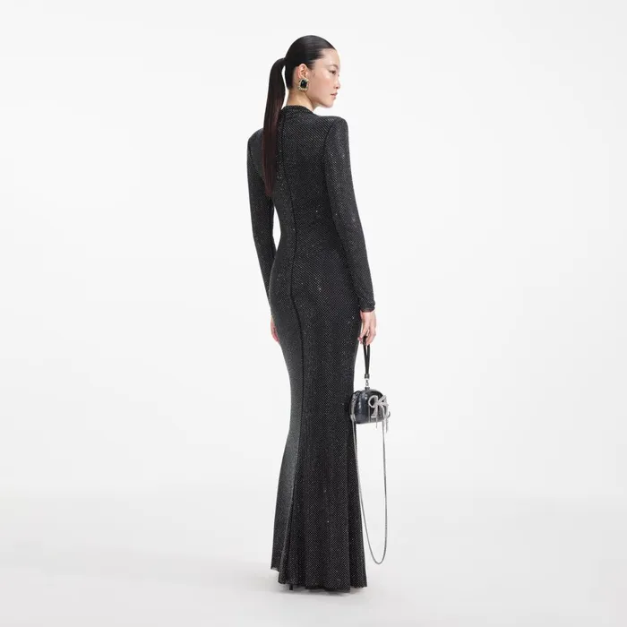 Women Black Rhinestone Mesh Cut Out Maxi Dress Self Portrait Dresses