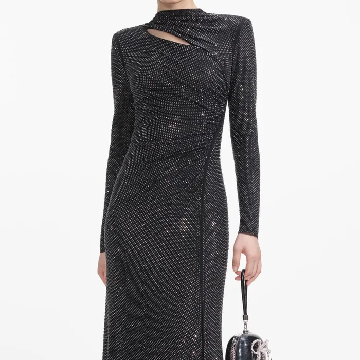 Women Black Rhinestone Mesh Cut Out Maxi Dress Self Portrait Dresses