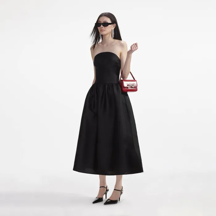 Women Black Taffeta Midi Dress Self Portrait Dresses