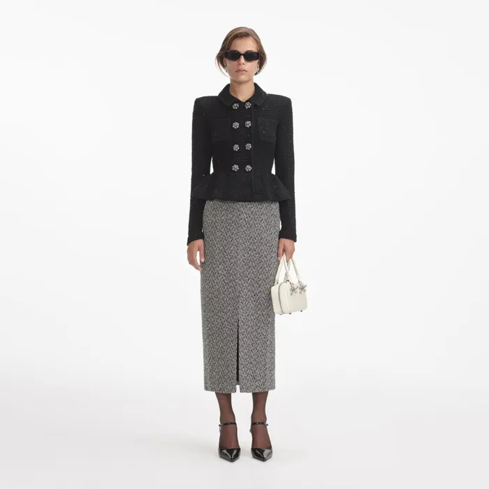 Women Black Textured Knit Peplum Jacket Self Portrait Tops