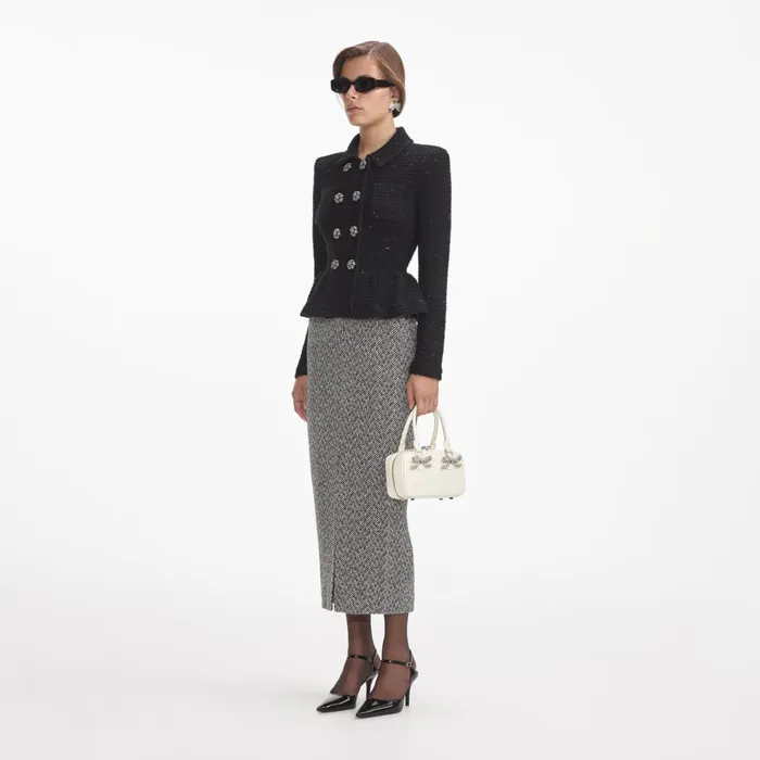 Women Black Textured Knit Peplum Jacket Self Portrait Tops
