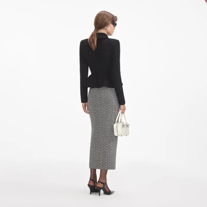 Women Black Textured Knit Peplum Jacket Self Portrait Tops