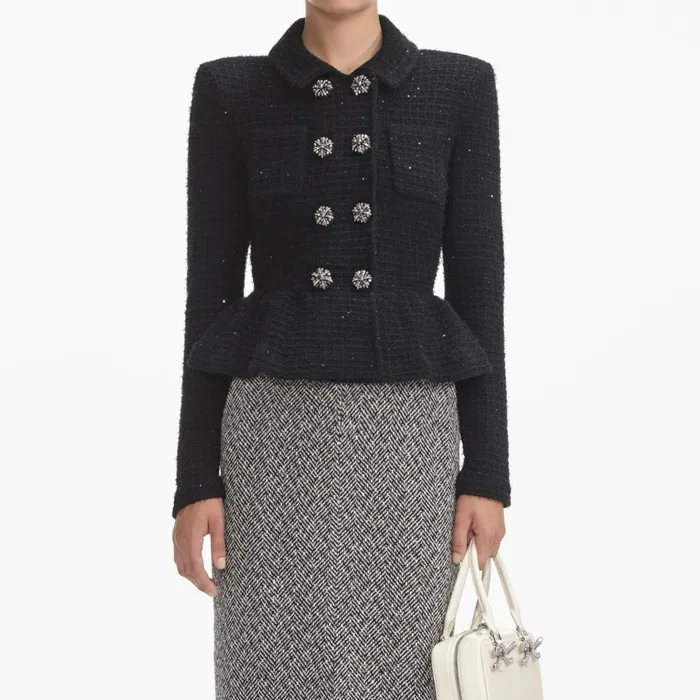 Women Black Textured Knit Peplum Jacket Self Portrait Tops