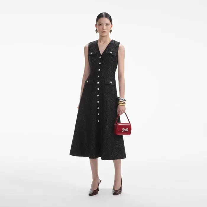 Women Black Tinsel Boucle Buttoned Midi Dress Self Portrait Dresses
