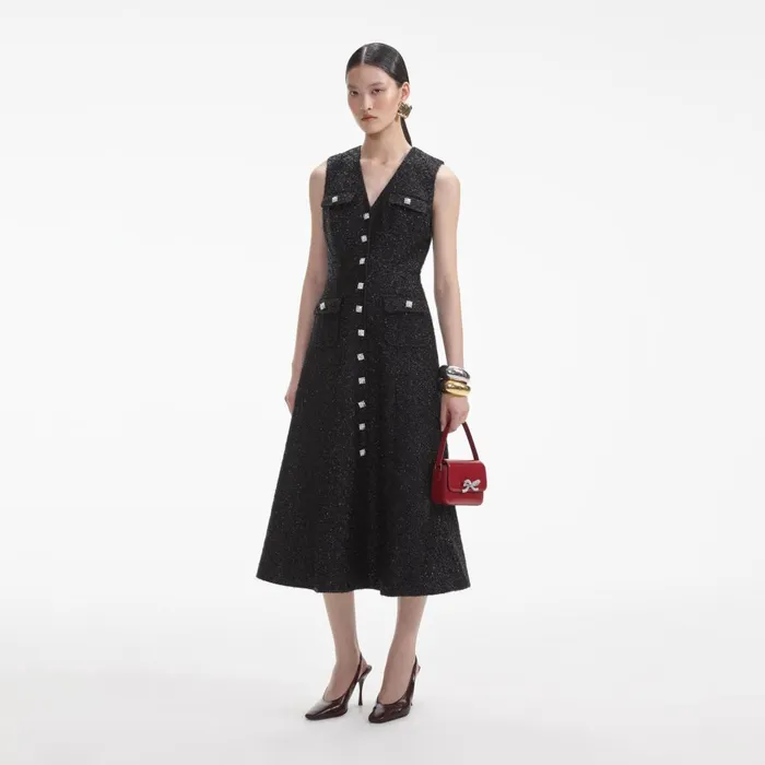 Women Black Tinsel Boucle Buttoned Midi Dress Self Portrait Dresses