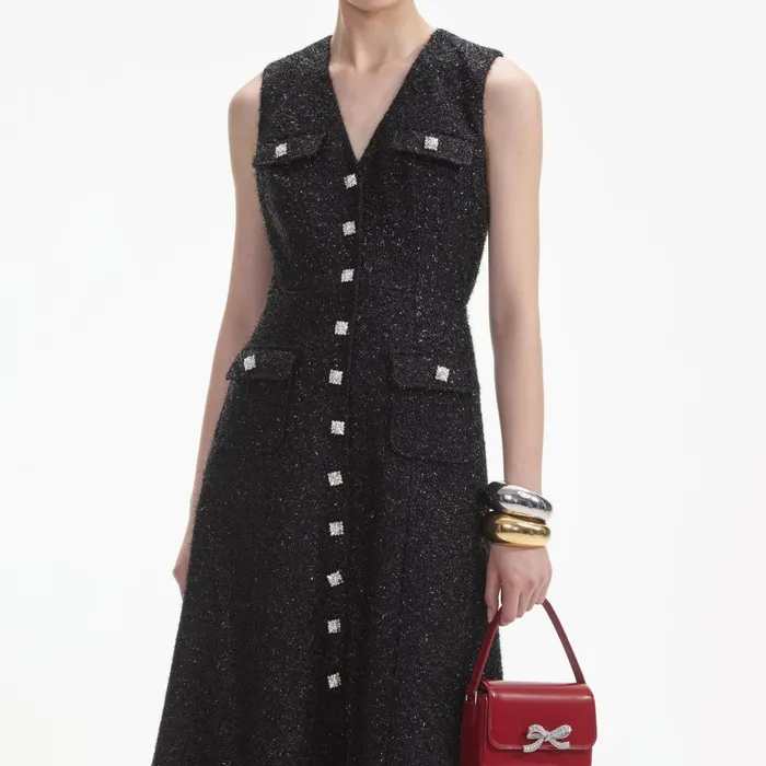 Women Black Tinsel Boucle Buttoned Midi Dress Self Portrait Dresses