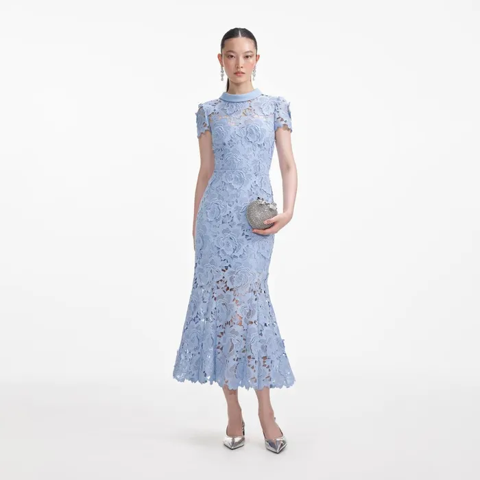 Women Blue Flower Lace Contrast Collar Midi Dress Self Portrait Dresses