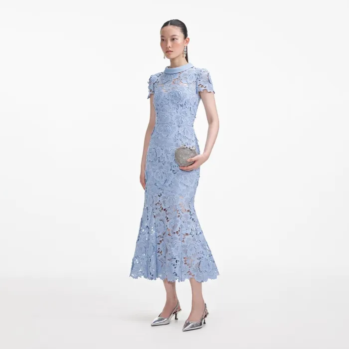 Women Blue Flower Lace Contrast Collar Midi Dress Self Portrait Dresses