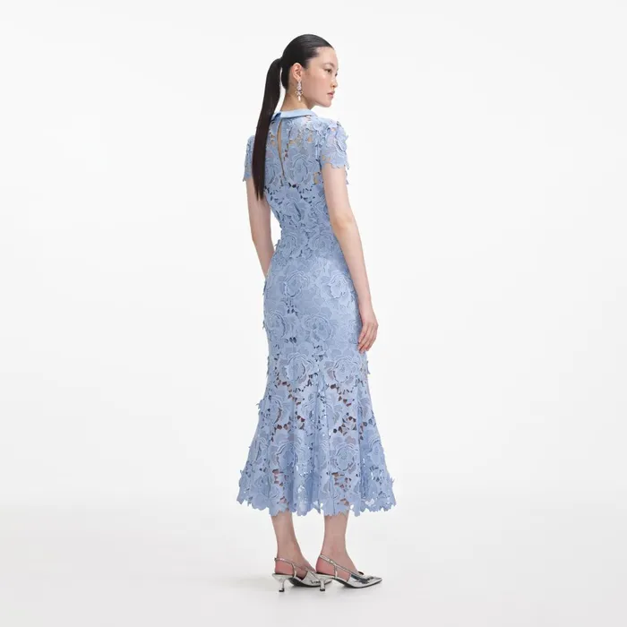 Women Blue Flower Lace Contrast Collar Midi Dress Self Portrait Dresses