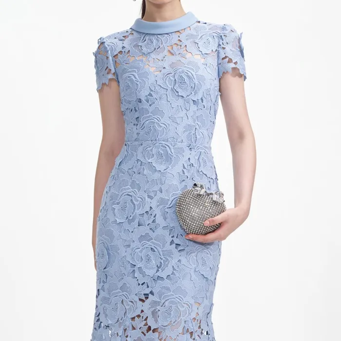 Women Blue Flower Lace Contrast Collar Midi Dress Self Portrait Dresses