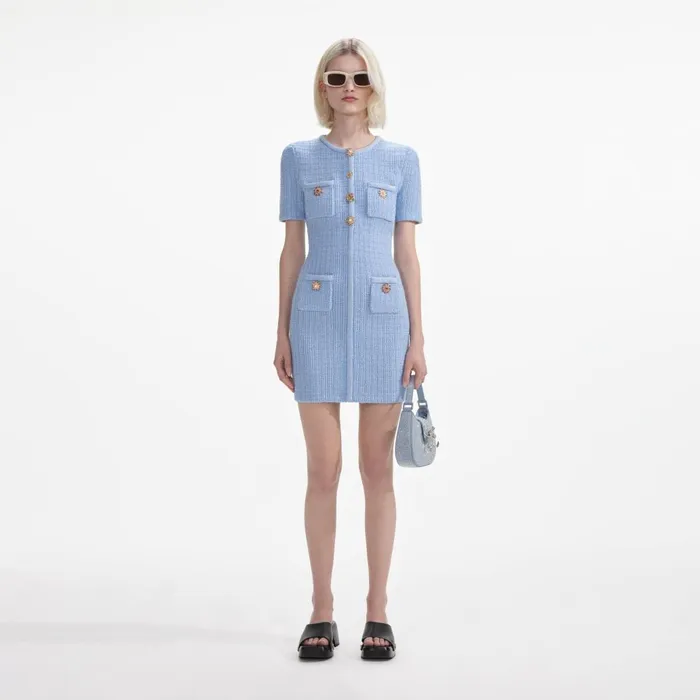 Women Blue Jewel Button Knit Mini Dress Self Portrait Dresses