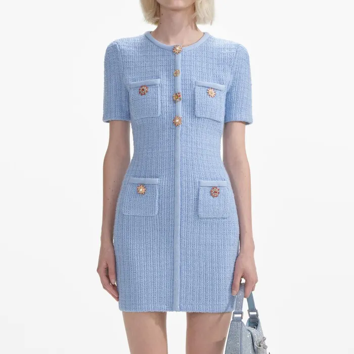 Women Blue Jewel Button Knit Mini Dress Self Portrait Dresses
