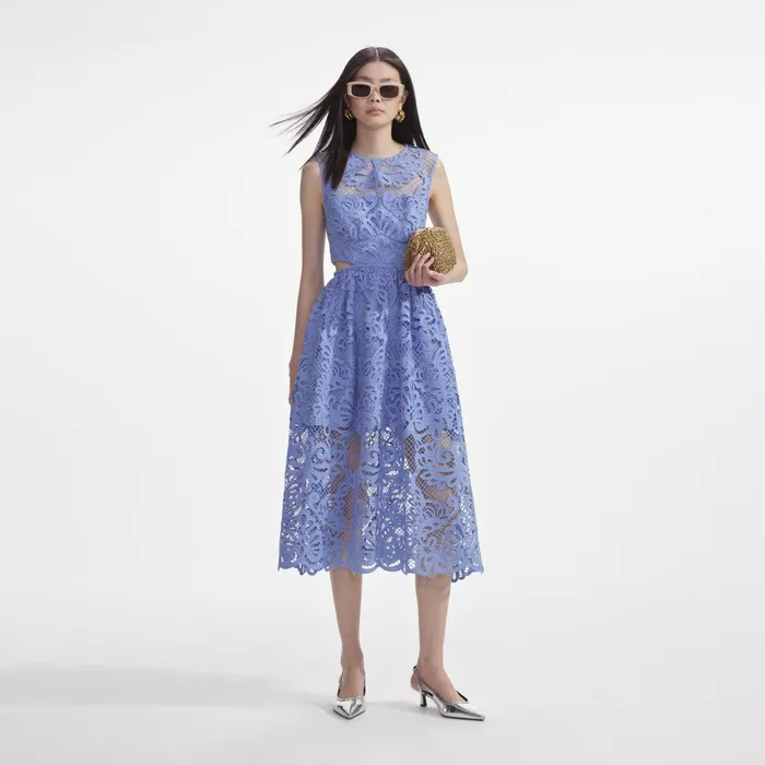 Women Blue Lace Cut Out Midi Dress Self Portrait Dresses
