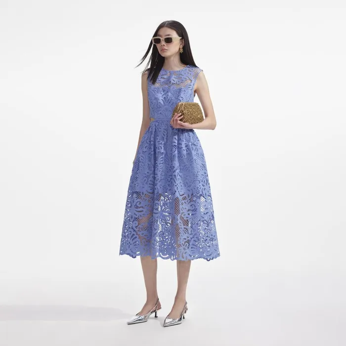 Women Blue Lace Cut Out Midi Dress Self Portrait Dresses