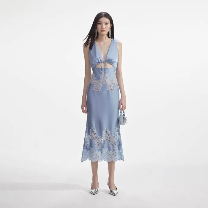 Women Blue Satin Lace Insert Midi Dress Self Portrait Dresses
