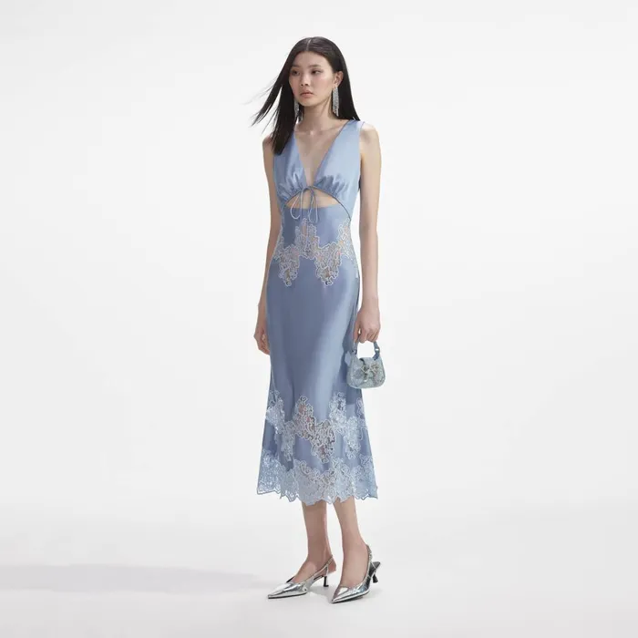 Women Blue Satin Lace Insert Midi Dress Self Portrait Dresses