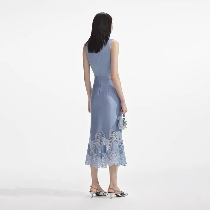 Women Blue Satin Lace Insert Midi Dress Self Portrait Dresses